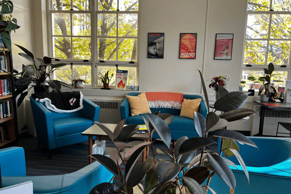 A cozy lounge area with blue seating, plants, and a large window.
